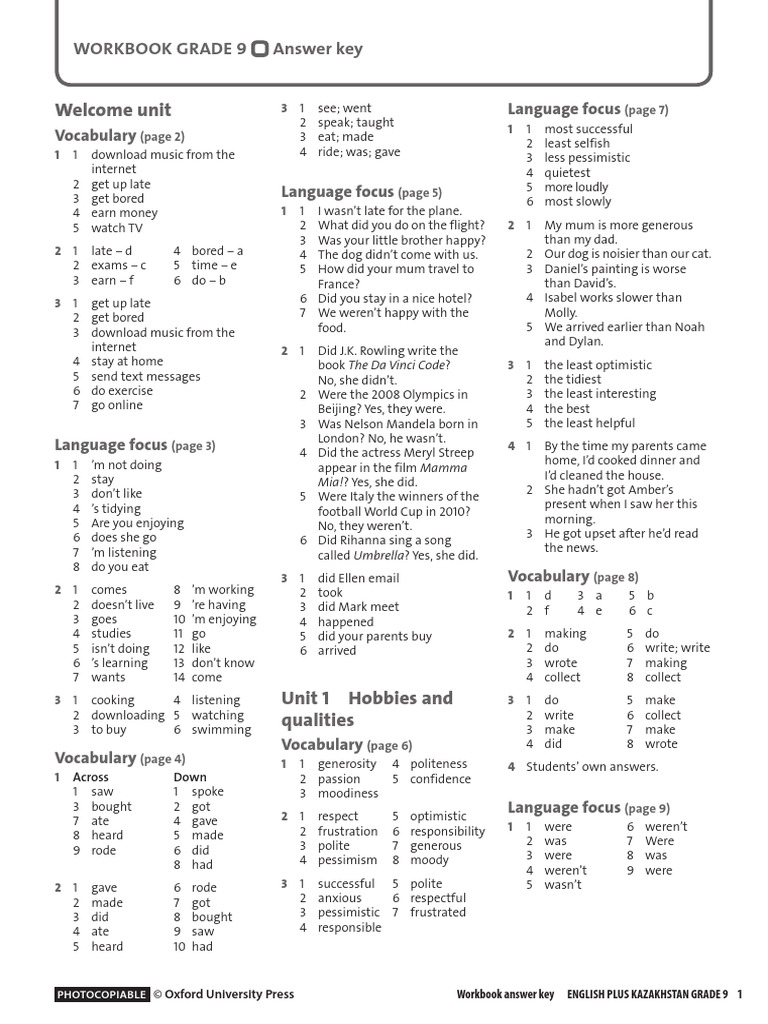 Welcome Unit: Workbook Grade 9 Answer Key | PDF