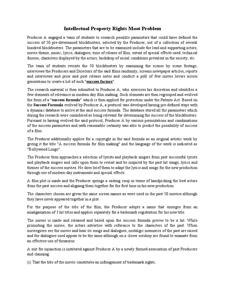 Intellectual Property Rights Moot Problem | PDF | Lawsuit | Patent
