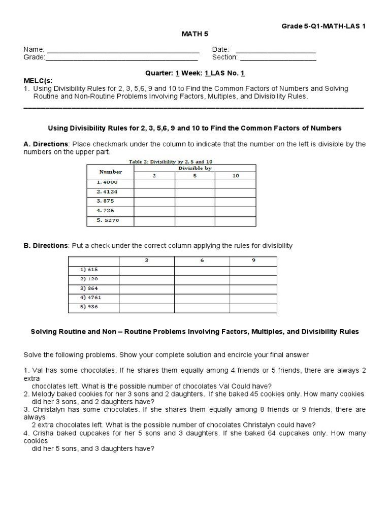 Grade 5 Q1 Math LAS: Factors & Multiples | PDF | Business