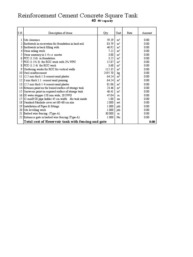 Reinforcement Cement Concrete Square Tank Capacity PDF Beam