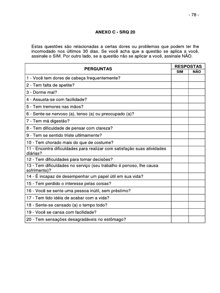 SRQ 20 Trantornos Mentais | PDF
