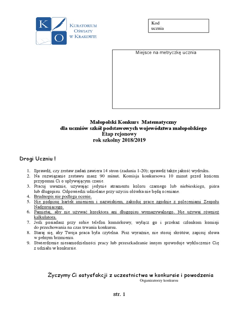 Wojewódzki Konkurs Matematyczny Dla Szkół Podstawowych Zadania