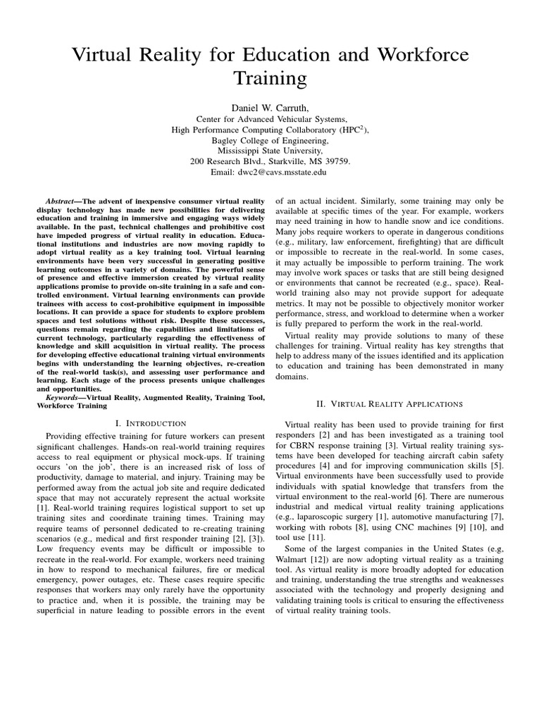 Virtual Reality For Education and Workforce Training Daniel W. Carruth PDF Virtual Reality
