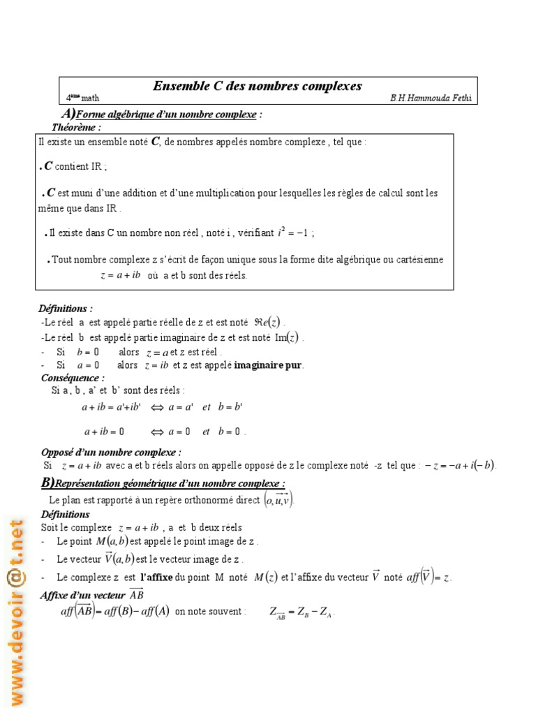 Cours Math - Ensemble C Des Nombres Complexes | PDF | Nombre complexe ...