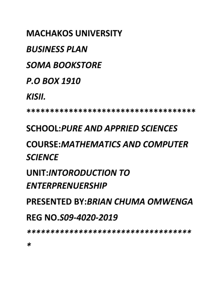 Business Plan Soma Bookstore P.O BOX 1910 Kisii. Machakos University PDF Sales Interest