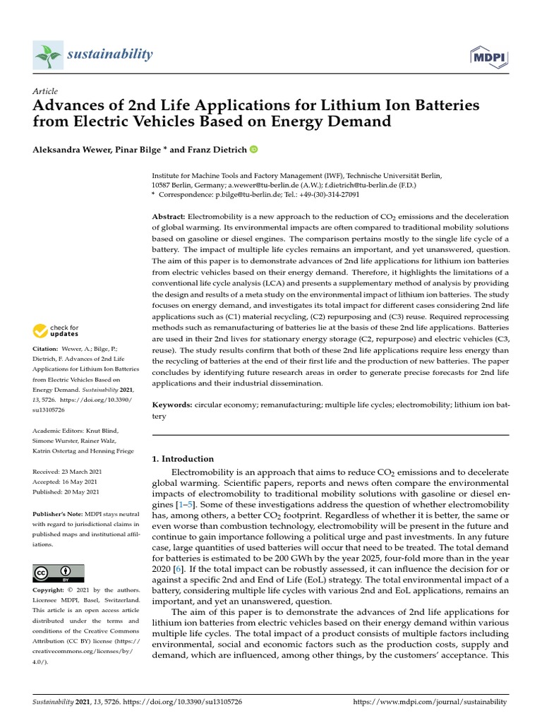 Advances of 2nd Life Applications For Lithium Ion Batteries From ...