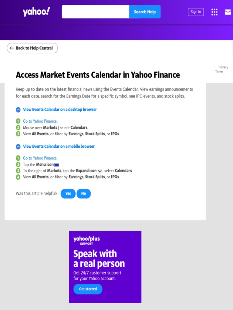 Access Market Events Calendar in Yahoo Finance - Finance For Web Help | PDF
