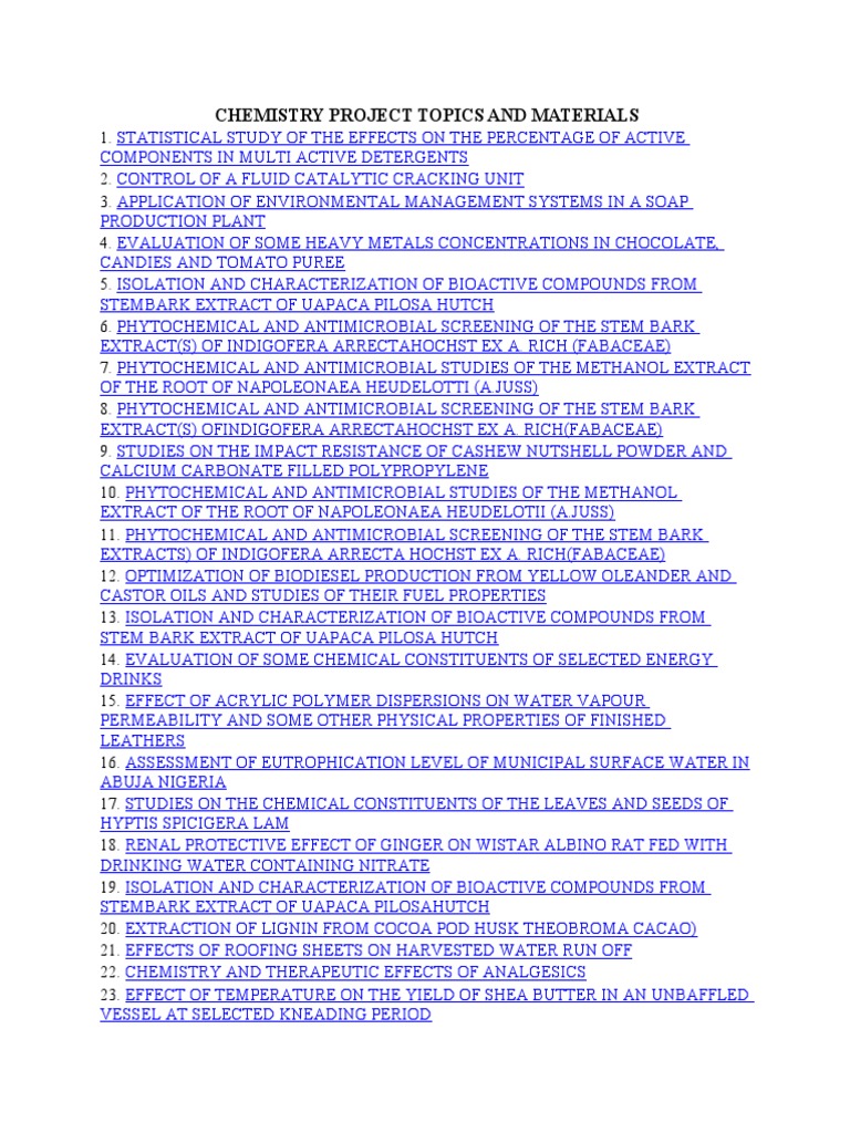 Chemistry Project Topics Overview | PDF | Chemistry | Chemical Substances