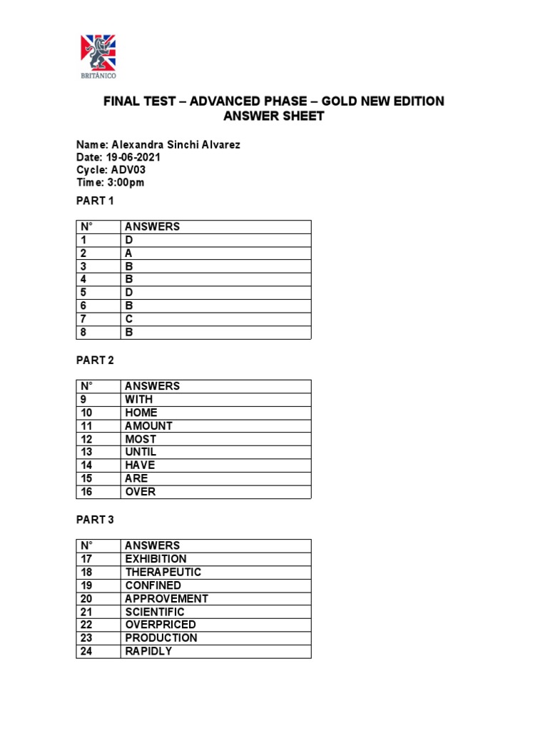 Final Test - Advanced Phase - Gold New Edition Answer Sheet | PDF