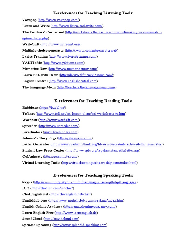E-References for English Teaching Tools | PDF | English As A Second Or ...