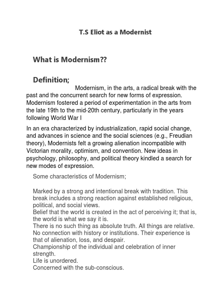What Is Modernism?? Definition T.S Eliot As A Modernist PDF