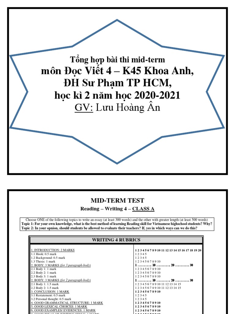 Bài Tổng Hợp Mid term Tests ĐỌC VIẾT 4 K45 LỚP THẦY ÂN PDF  