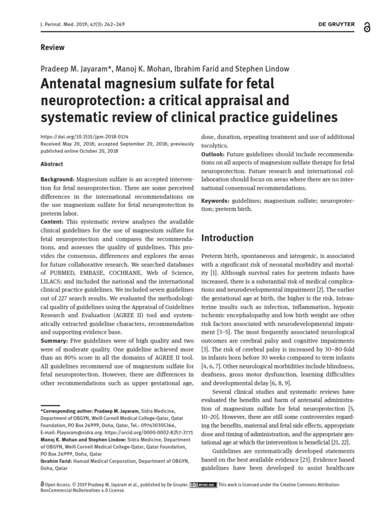 Antenatal Magnesium Sulfate For Fetal Neuroprotection A Critical