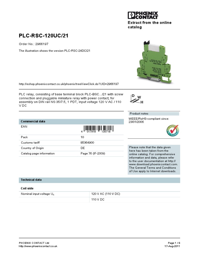 PLC Relay Order No. 2966197 Details | PDF | Relay | Rectifier