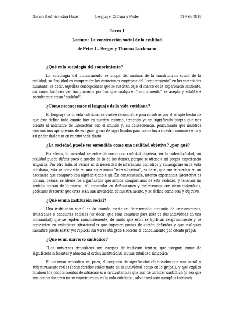 La Construcción Social de La Realidad | PDF | Conocimiento | Realidad