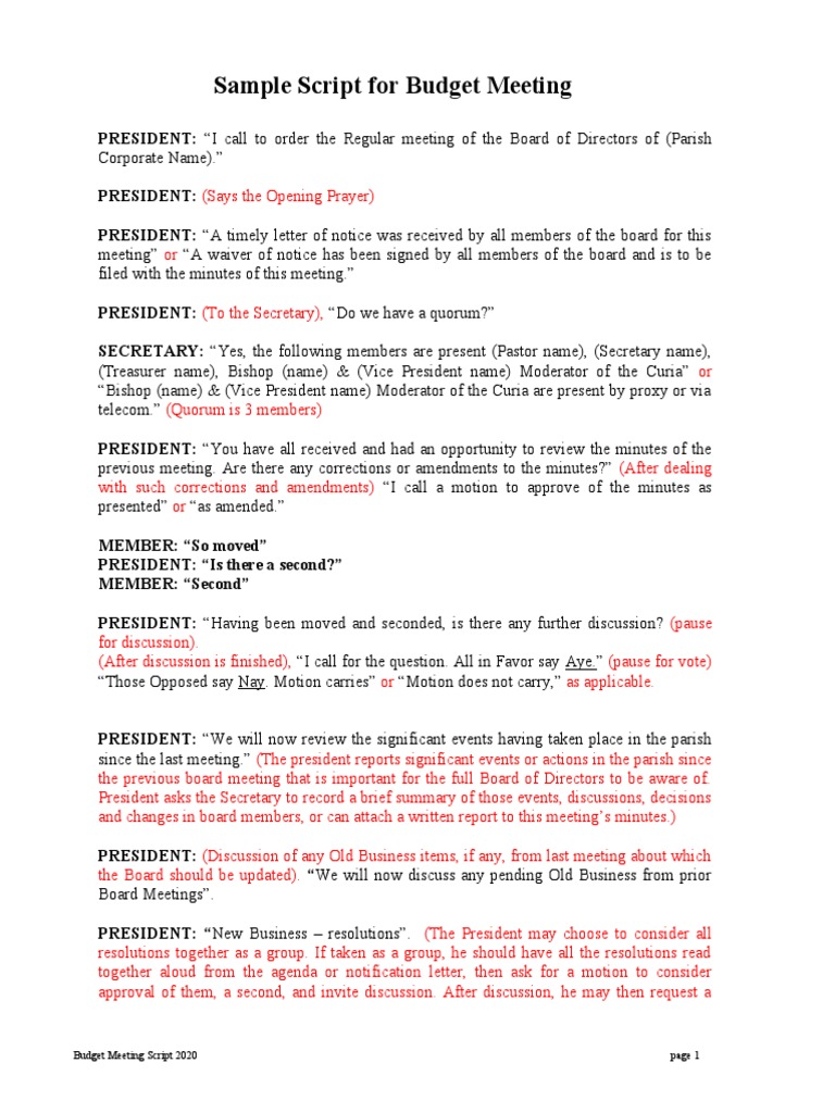 Budget Meeting Script Overview | PDF | Agenda (Meeting) | Presidents Of ...