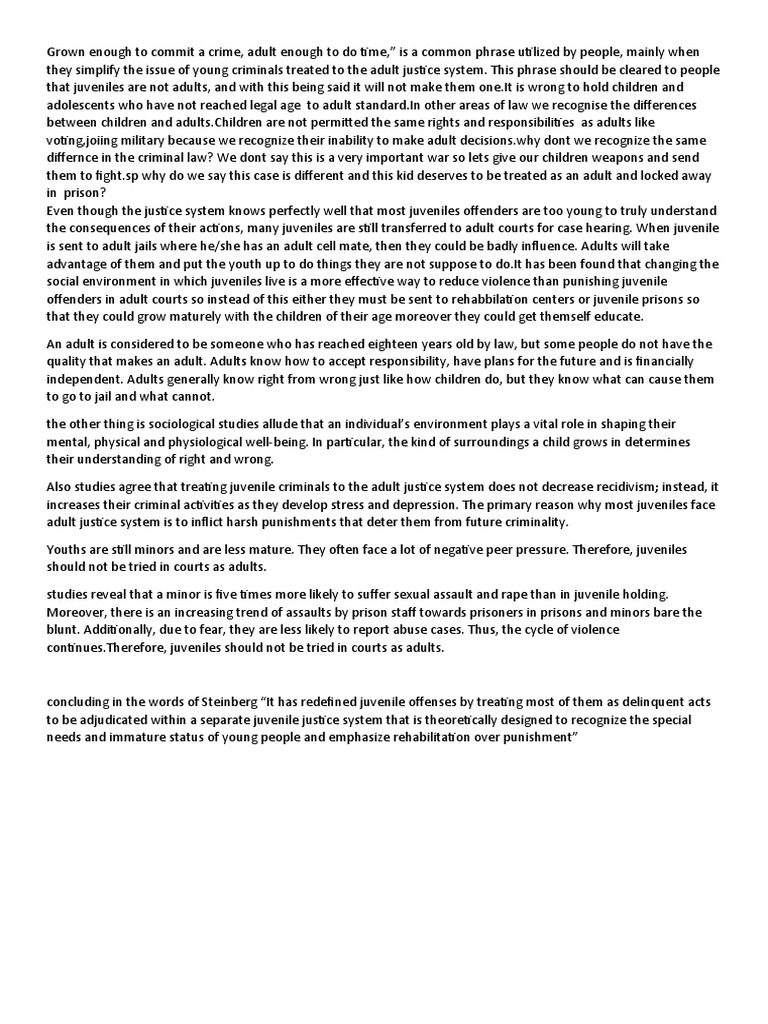 Juveniles Should Not Be Tried As Adults PDF Juvenile Delinquency Prison