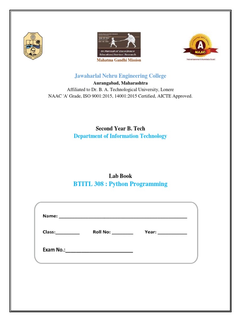 Jawaharlal Nehru Engineering College: BTITL 308: Python Programming ...