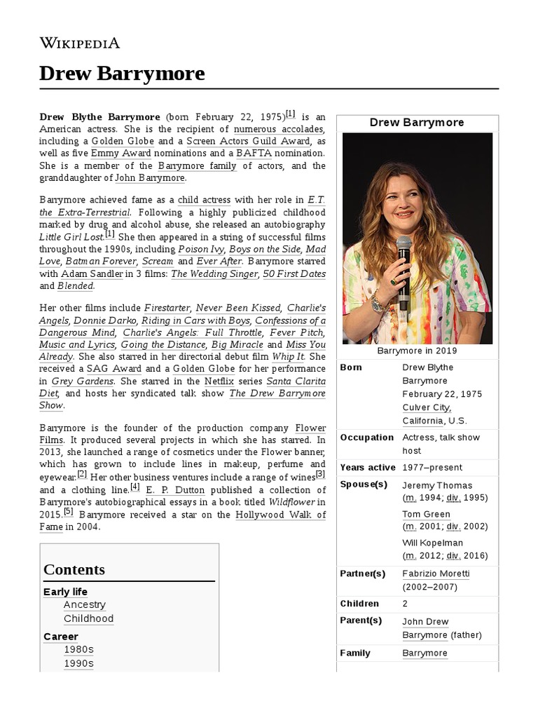 Drew Blythe Barrymore (Born February 22, 1975) | PDF