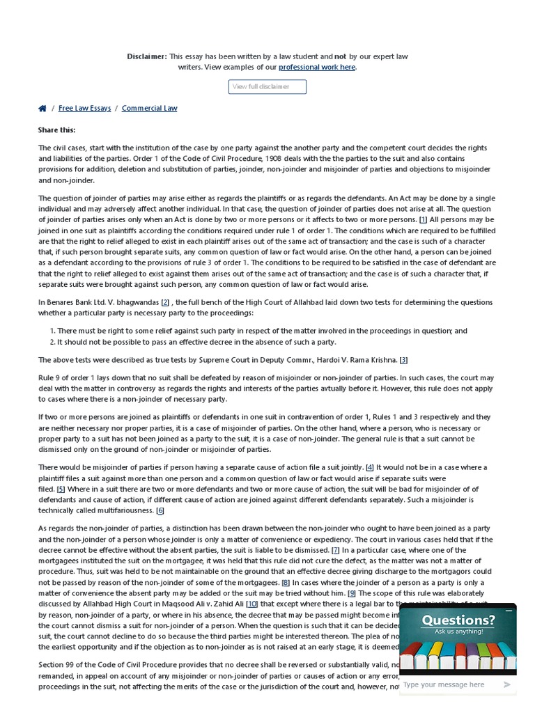 Misjoinder and NonJoinder of Parties PDF Lawsuit Joinder