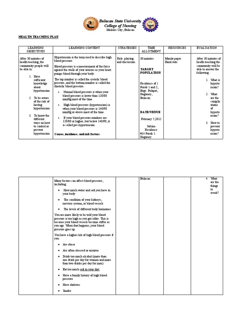 Health Teaching Plan Tagalog About HYPER | PDF | Hypertension | Blood ...