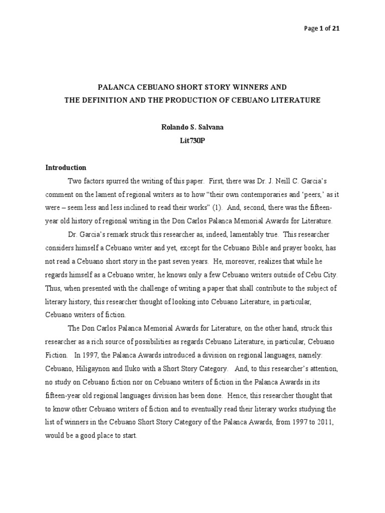 Palanca Cebuano Short Story Winners and PDF Mindanao Cebu