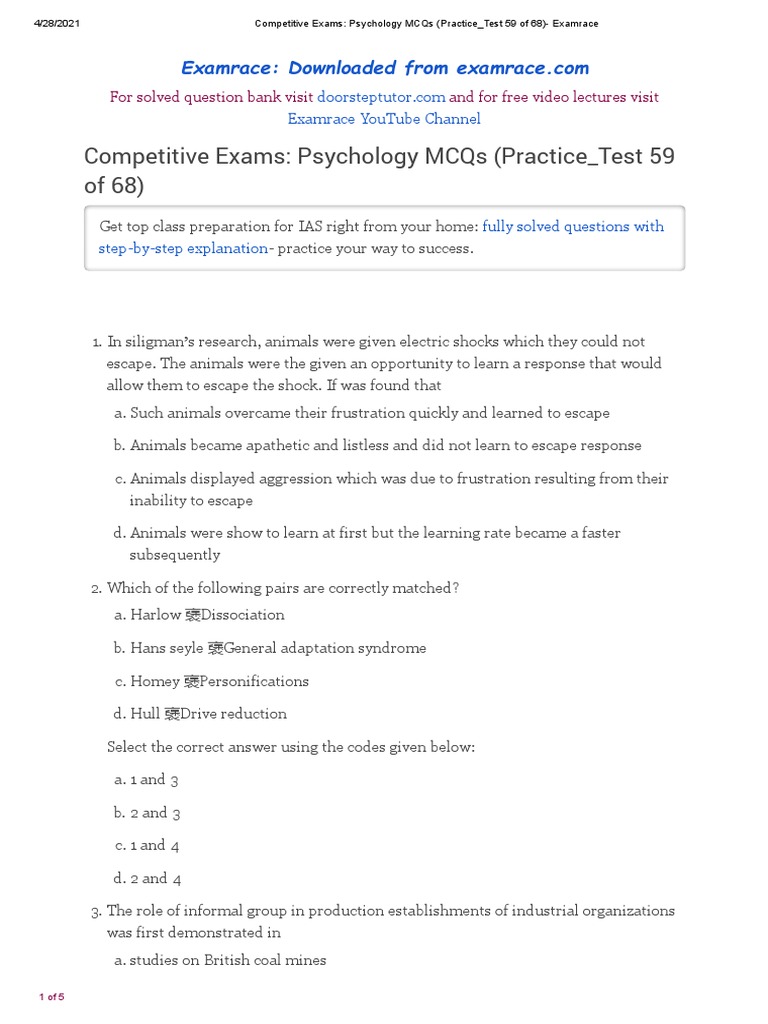 Psychology MCQs Practice Test 59 PDF Learning Reason