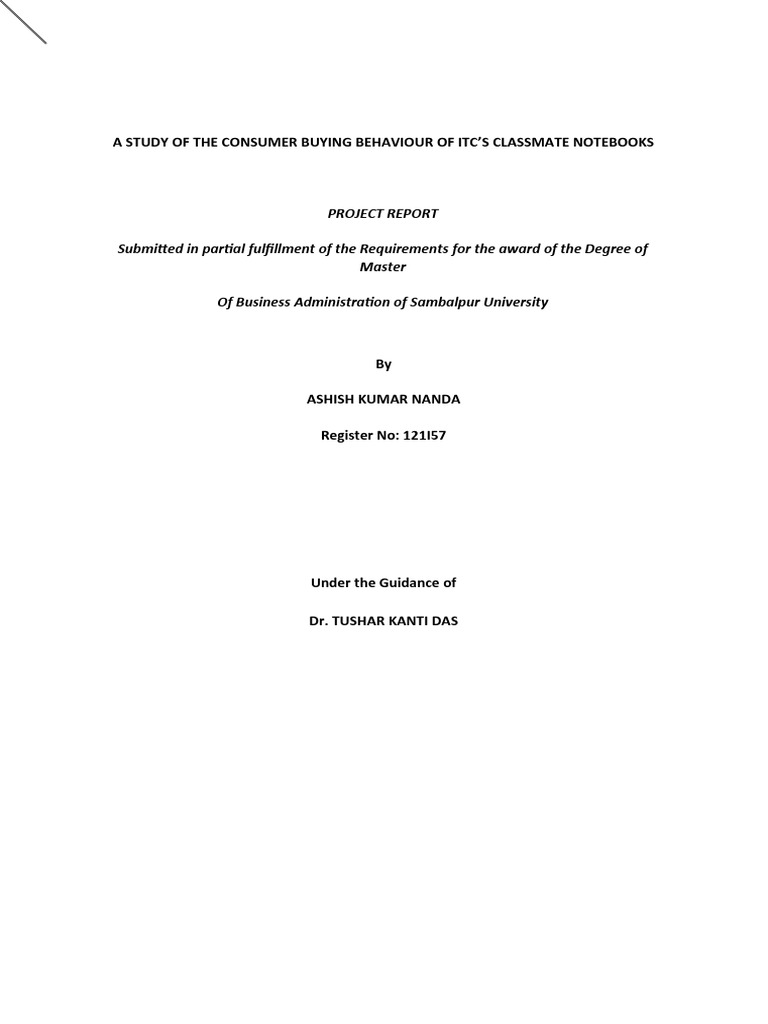 Ashish S Consumer Behavior Project Report On Classmate Notebooks Pdf