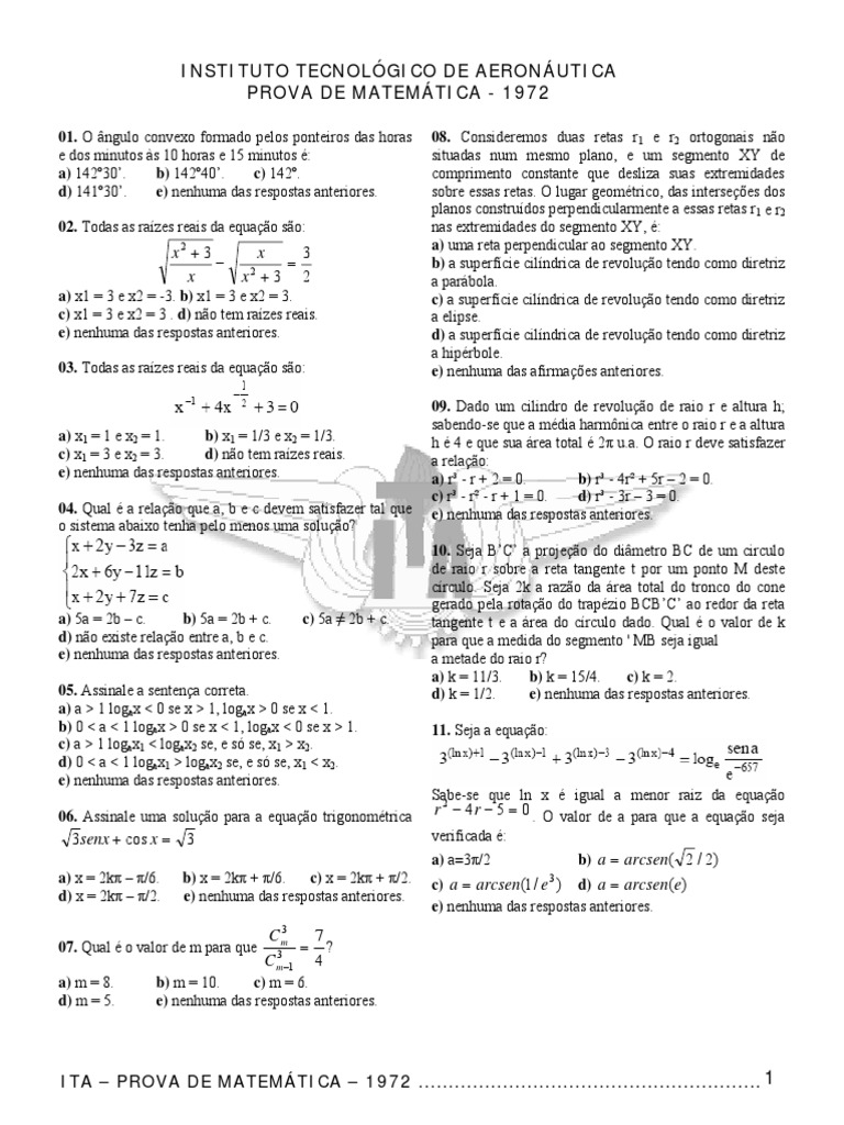 ITA – Prova de Matemática de 1972: Questões sobre Trigonometria ...