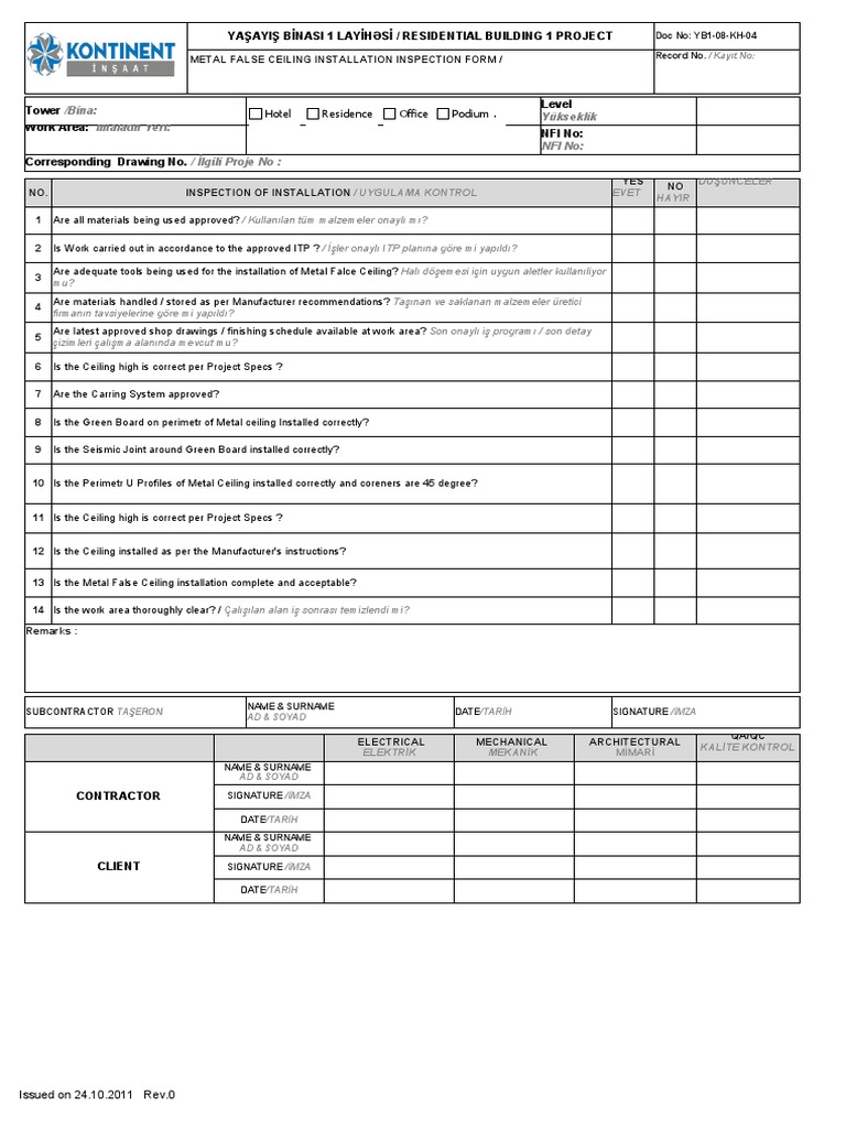 KON-8.3-KH-04 Metal Falce Ceiling Check List | PDF | Building ...