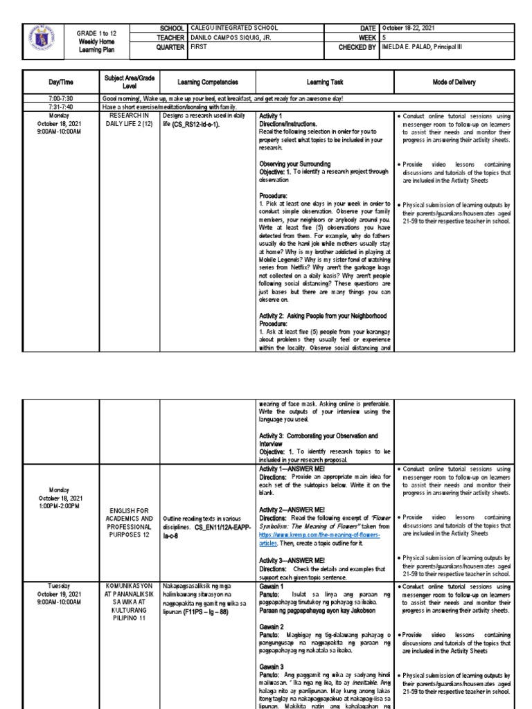 Weekly Home Learning Plan - Week 5 | PDF | Nonverbal Communication ...