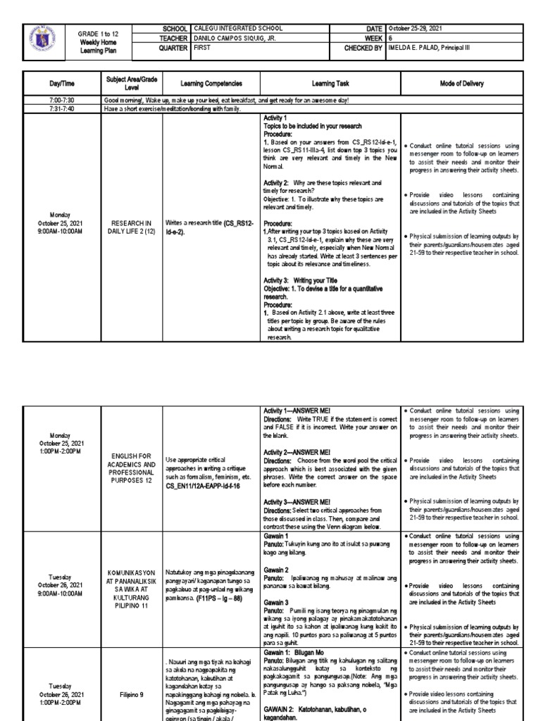 Weekly Home Learning Plan: Grades 1-12 | PDF | Cognition | Communication