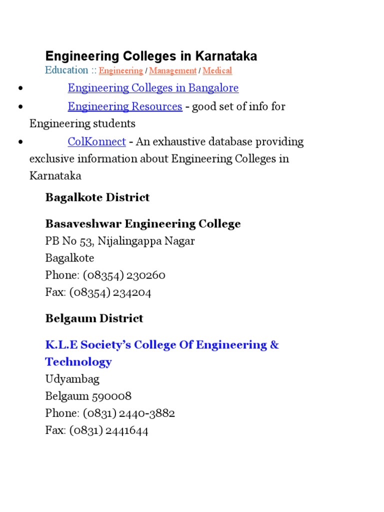 Engineering Colleges in Karnataka List | PDF | Science And Technology ...