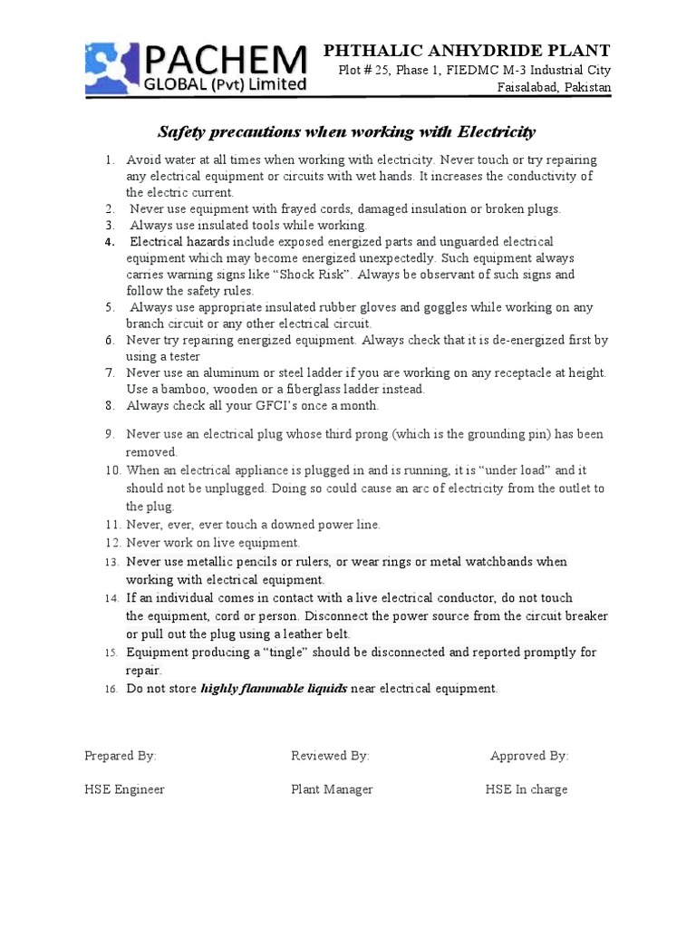 Electrical Safety Instructions | PDF