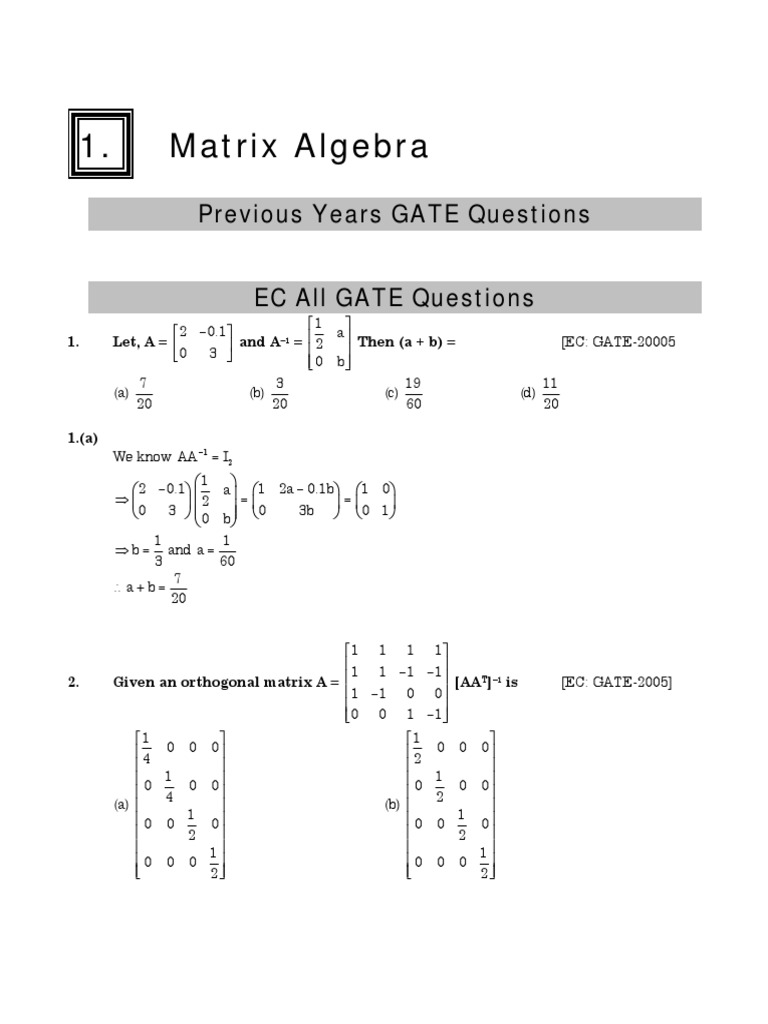 Matrix Algebra Previous Years GATE Questions EC All GATE Questions