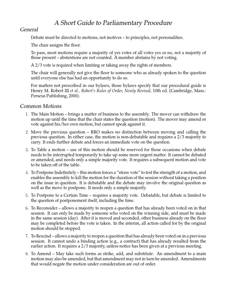 Parliamentary Procedure Quick Guide | PDF | Group Decision Making ...