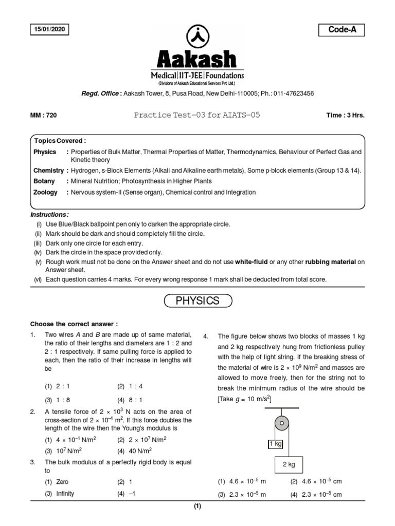 Practice Test-03 For AIATS-05 | PDF | Gases | Materials