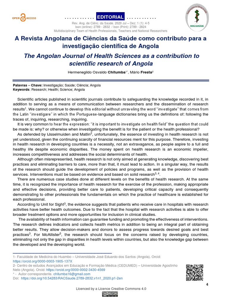 The Angolan Journal of Health Sciences As A Contribution To Scientific