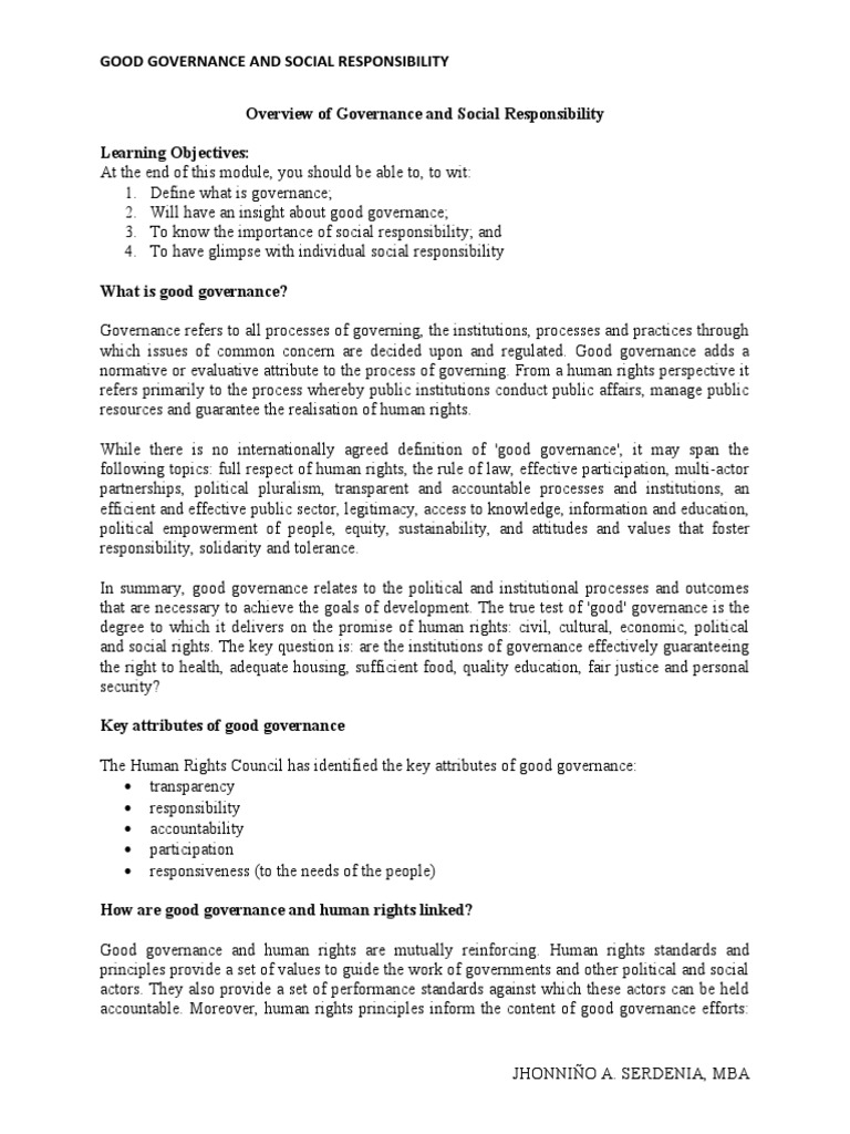 Good Governance and Social Responsibility Overview of Governance and ...