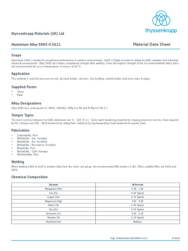 Aluminum 5083 H111 | PDF | Alloy | Manganese