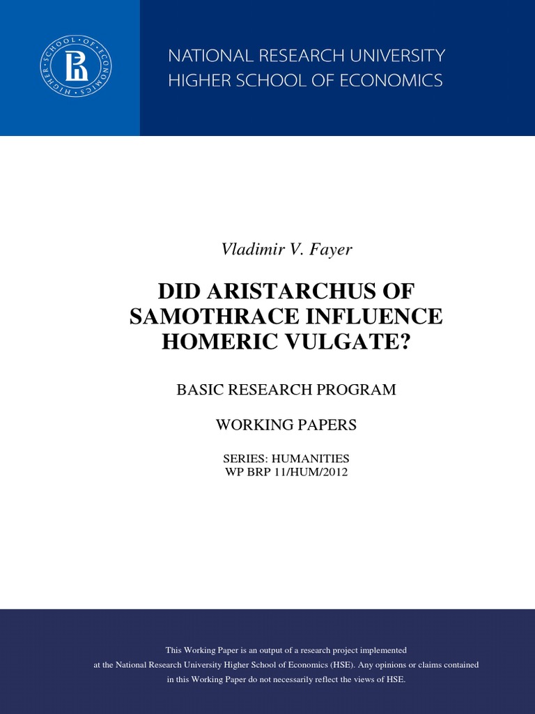Did Aristarchus of Samothrace Influence Homeric Vulgate PDF Homer