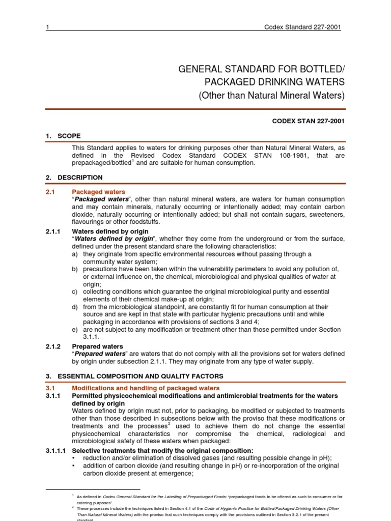 Codex Standard for Packaged Waters | PDF | Bottled Water | Water