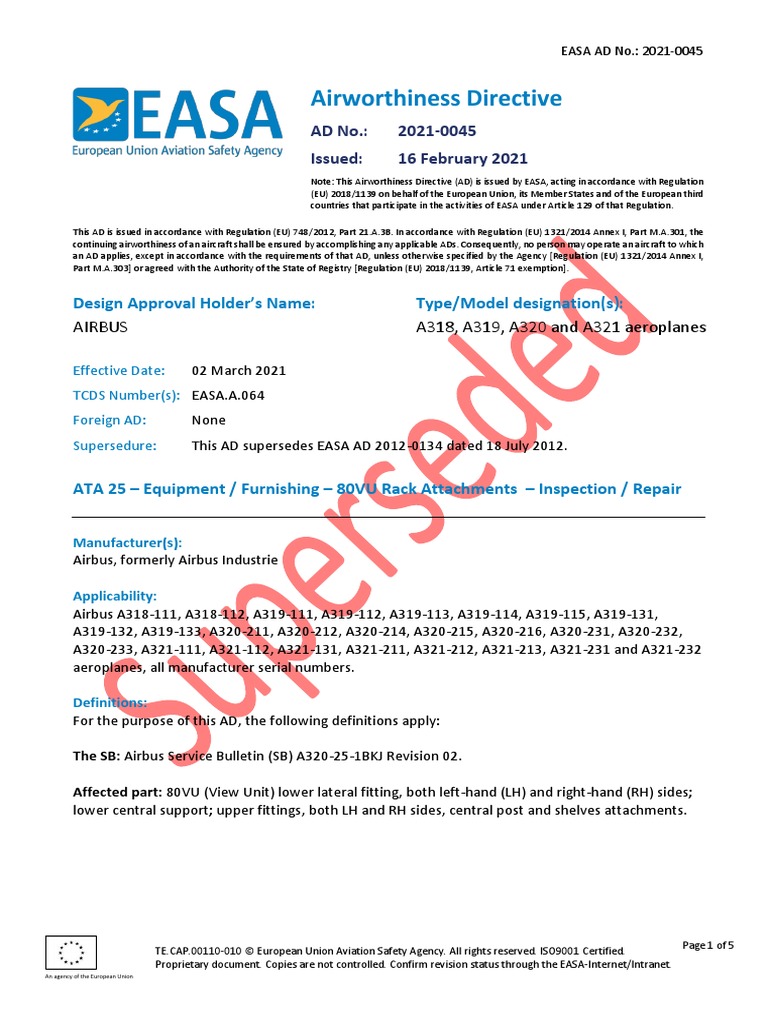 Airworthiness Directive: Design Approval Holder's Name: Type/Model ...