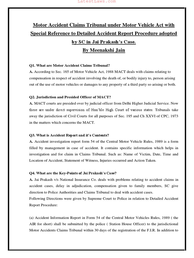 All About Motor Accident Claims Tribunal Under Motor Vehicle Act With