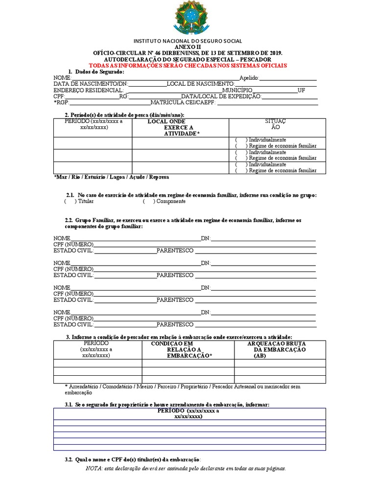 Autodeclaração Do Segurado Especial Pescador | PDF