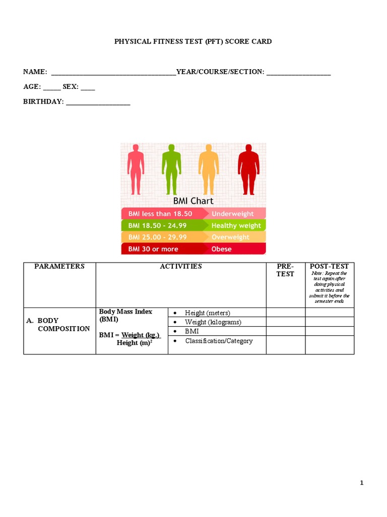 Physical Fitness Test Scorecard | PDF | Body Mass Index | Recreation