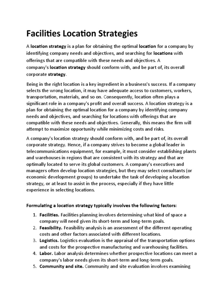 LESSON 2 Facilities Location Strategies PDF Strategic Management Risk