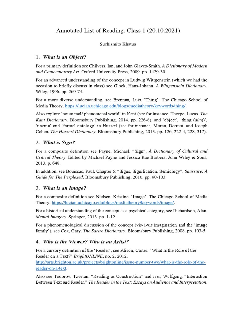 Class 1-Annotated List of Reading For An Art Theory Course | PDF ...