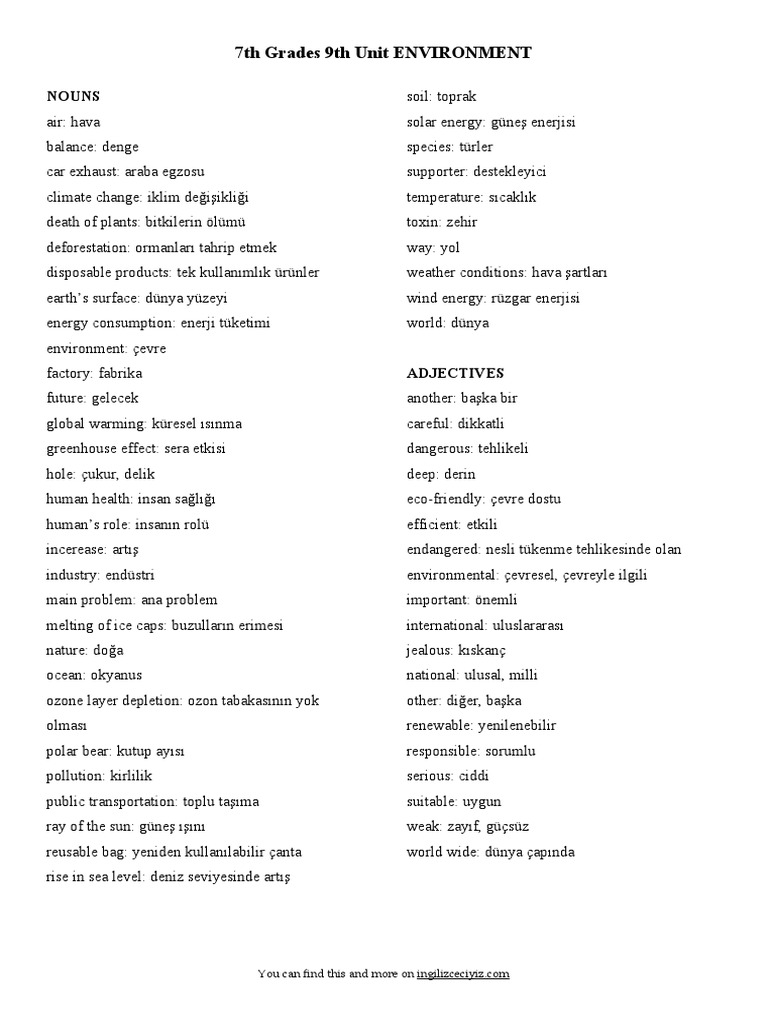 7th Grades 9th Unit ENVIRONMENT: Nouns | PDF