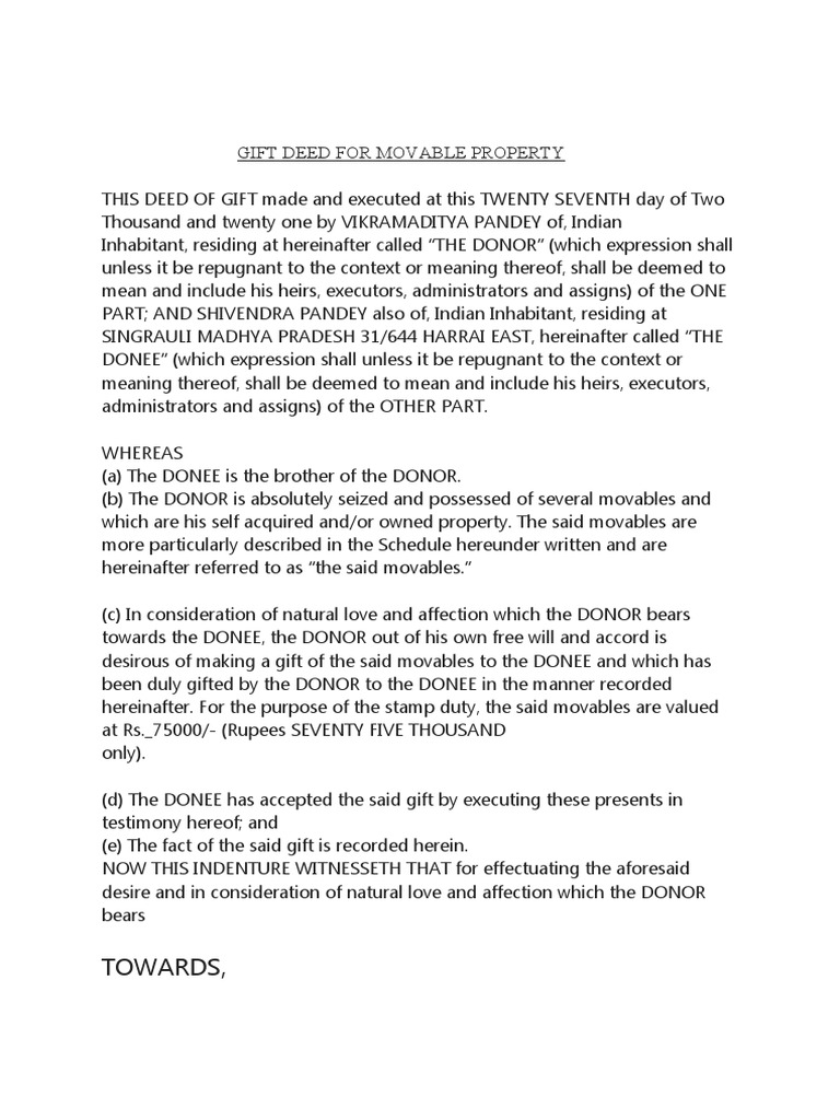 Gift Deed Movable PDF Civil Law Law) Property Law